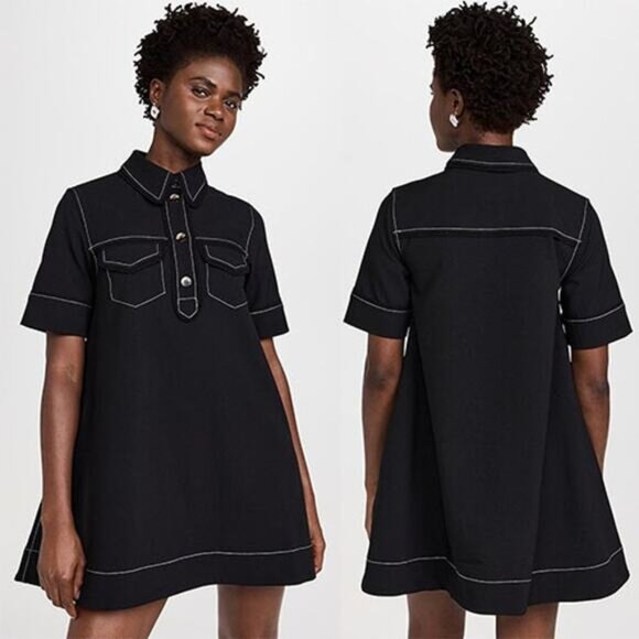 NWT Ganni Sable Topstitch Crepe Swing Spread Collar Button Mini Dress Black Sz 4